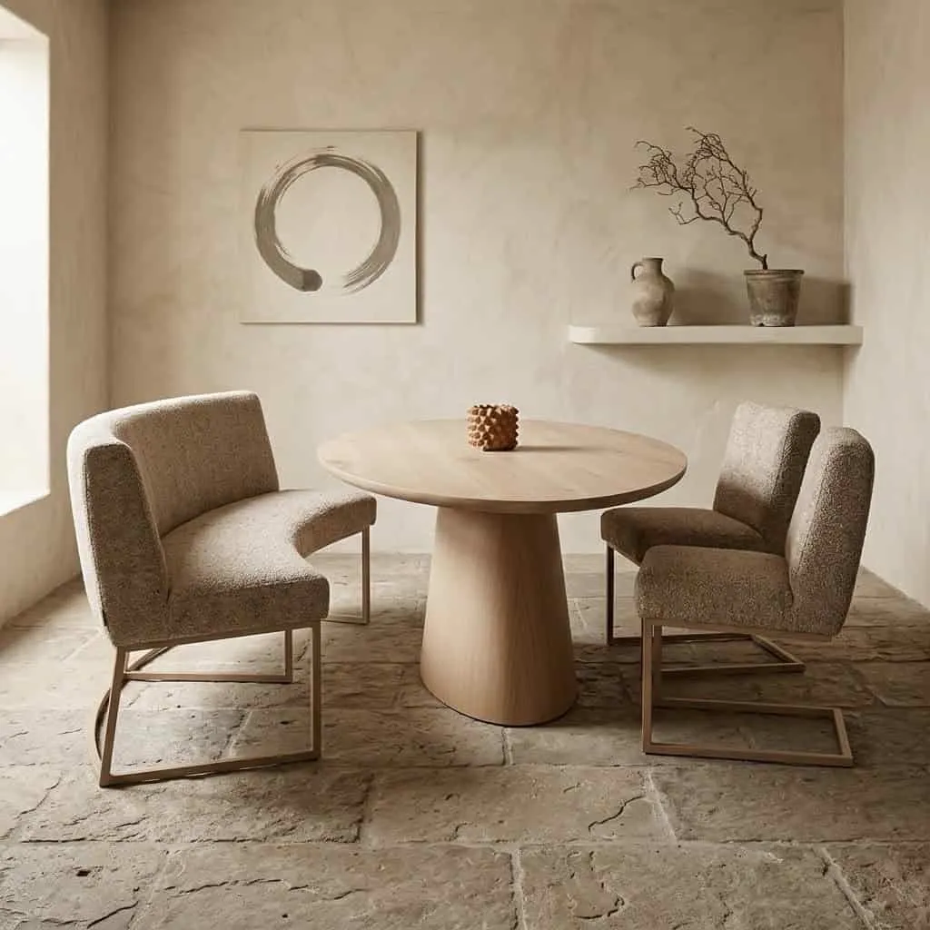 Eetkamerbank Zara ovaal in een lichte eetkamer met houten tafel en stoelen - Het Anker
