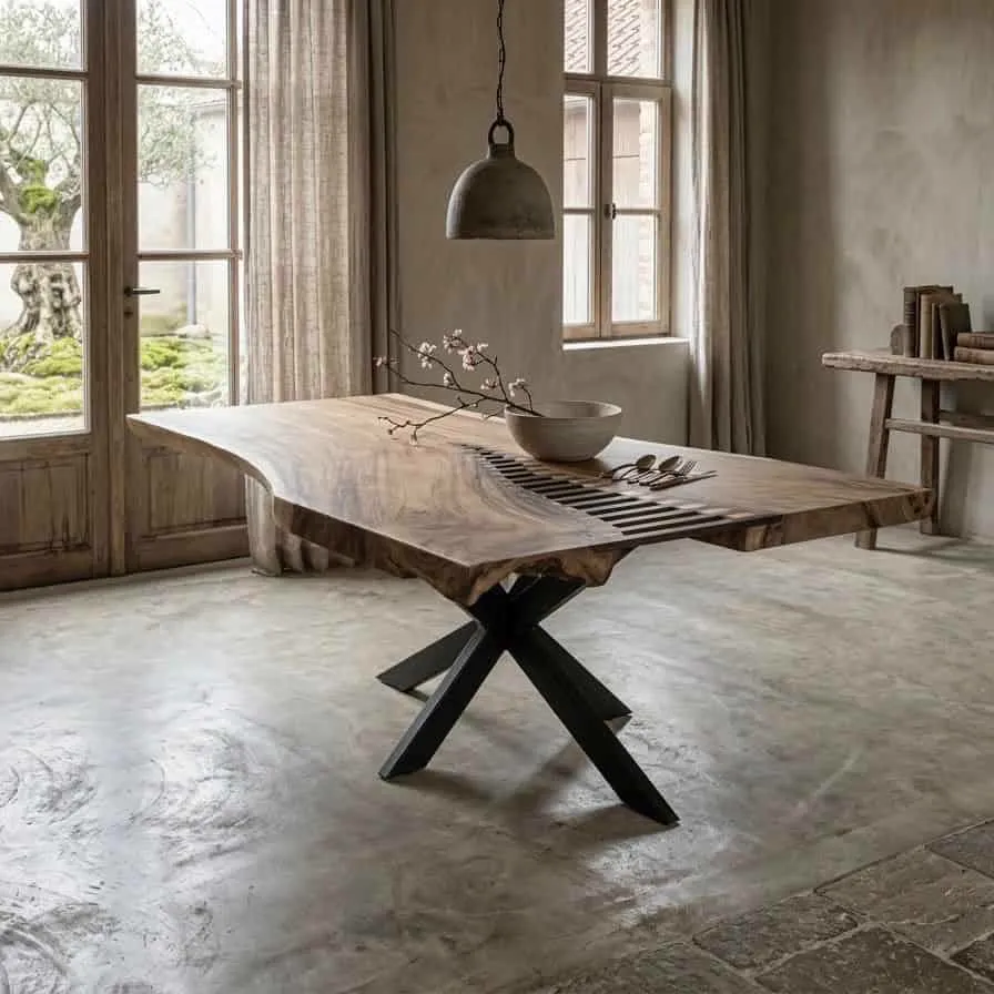 Baumstammtisch Suarholz Mosaik in einem geräumigen Wohnzimmer mit großen Fenstern und Betonboden - World of Brosi