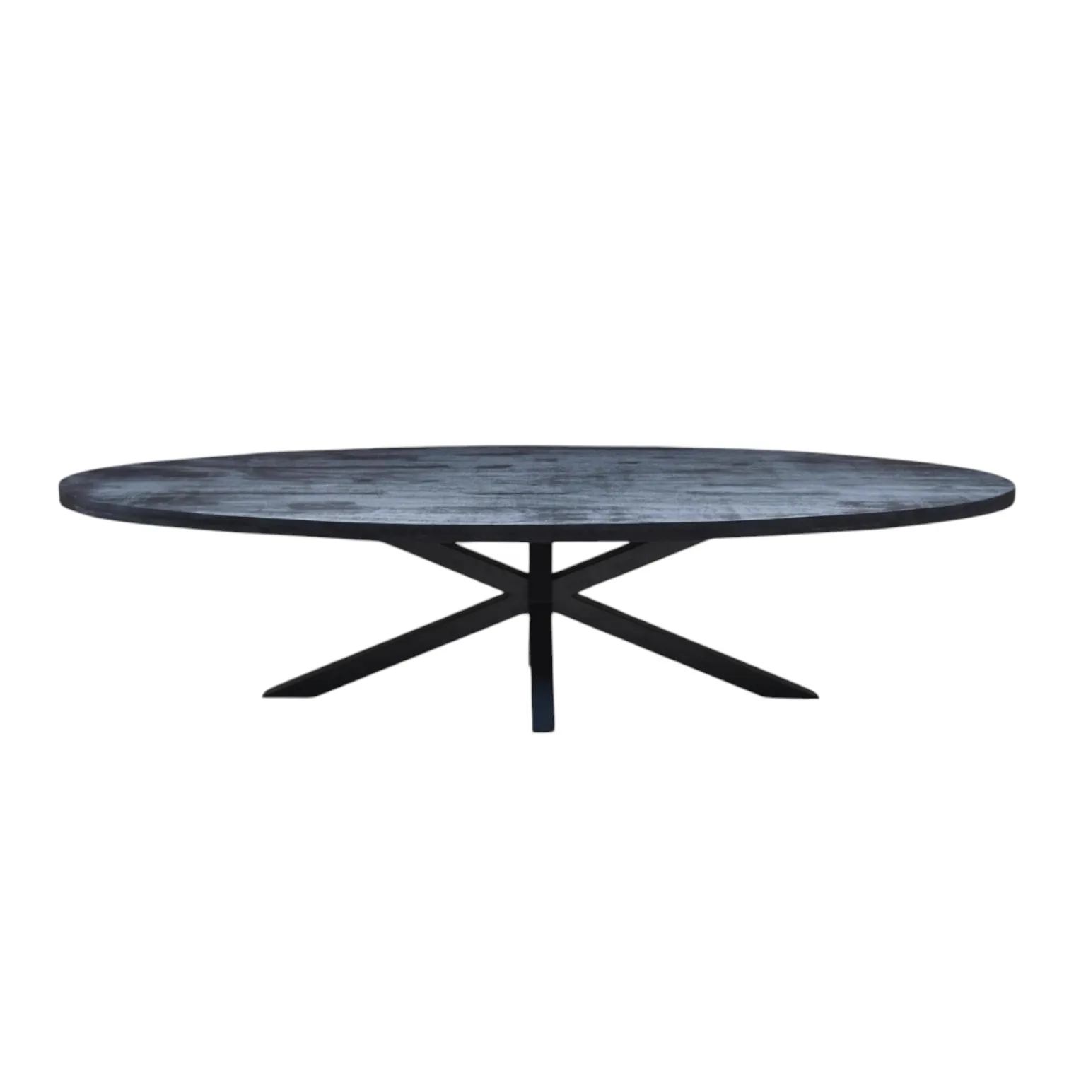 Zwarte ovale eettafel met een uniek onderstel, gefotografeerd op een witte achtergrond - Mokana Furniture