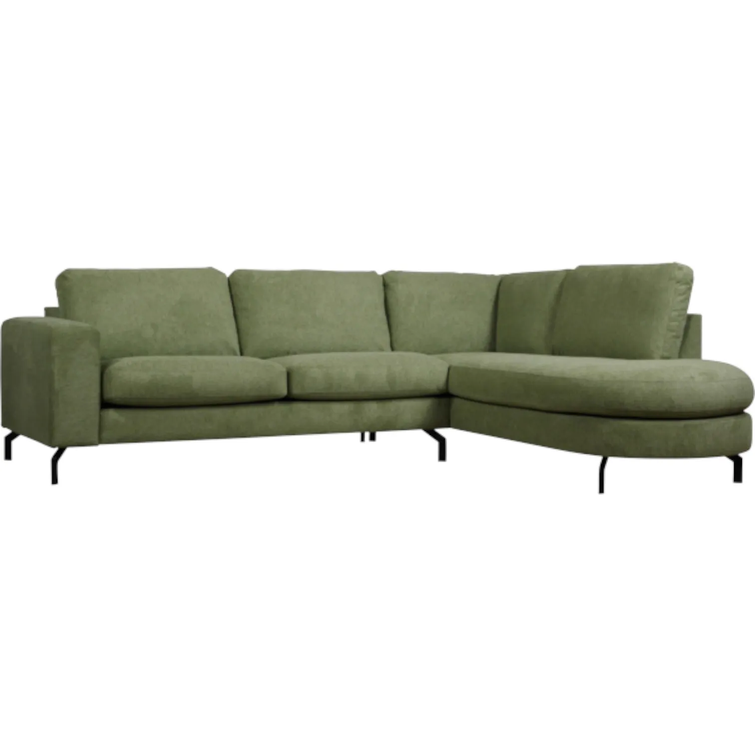 Ecksofa Fedor Grün auf weißem Hintergrund, von vorne fotografiert mit der Chaiselongue rechts