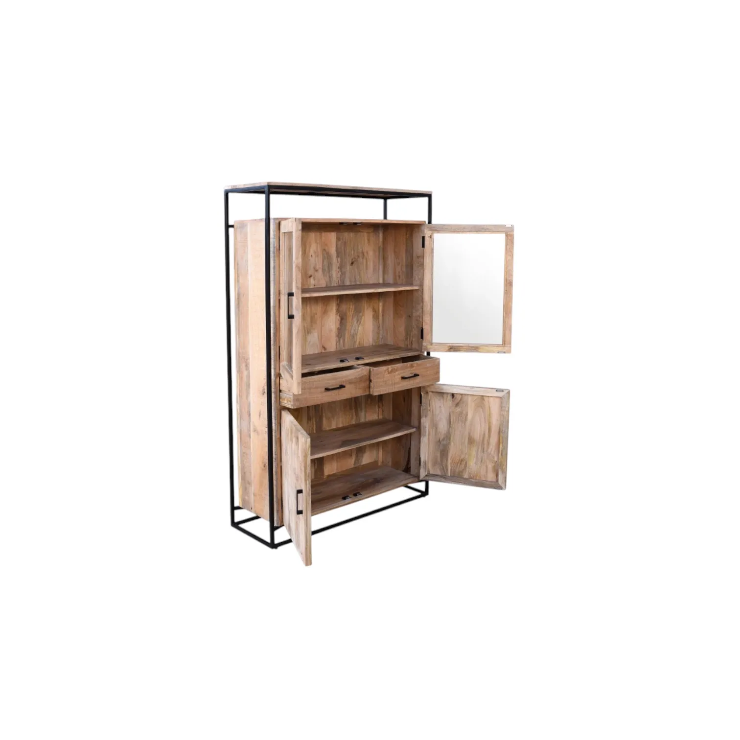 Der Vitrinenschrank Len aus Mangoholz mit offenen Türen und Schubladen, auf weißem Hintergrund - Mokana Furniture