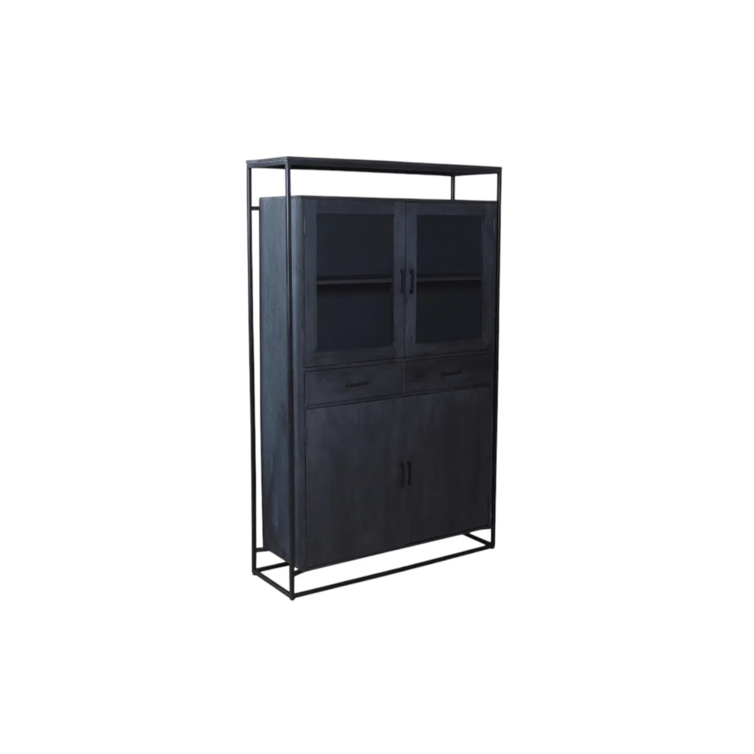 Vitrinekast Len Mangoholz Schwarz auf weißem Hintergrund, stehend und frontal fotografiert - Mokana Furniture