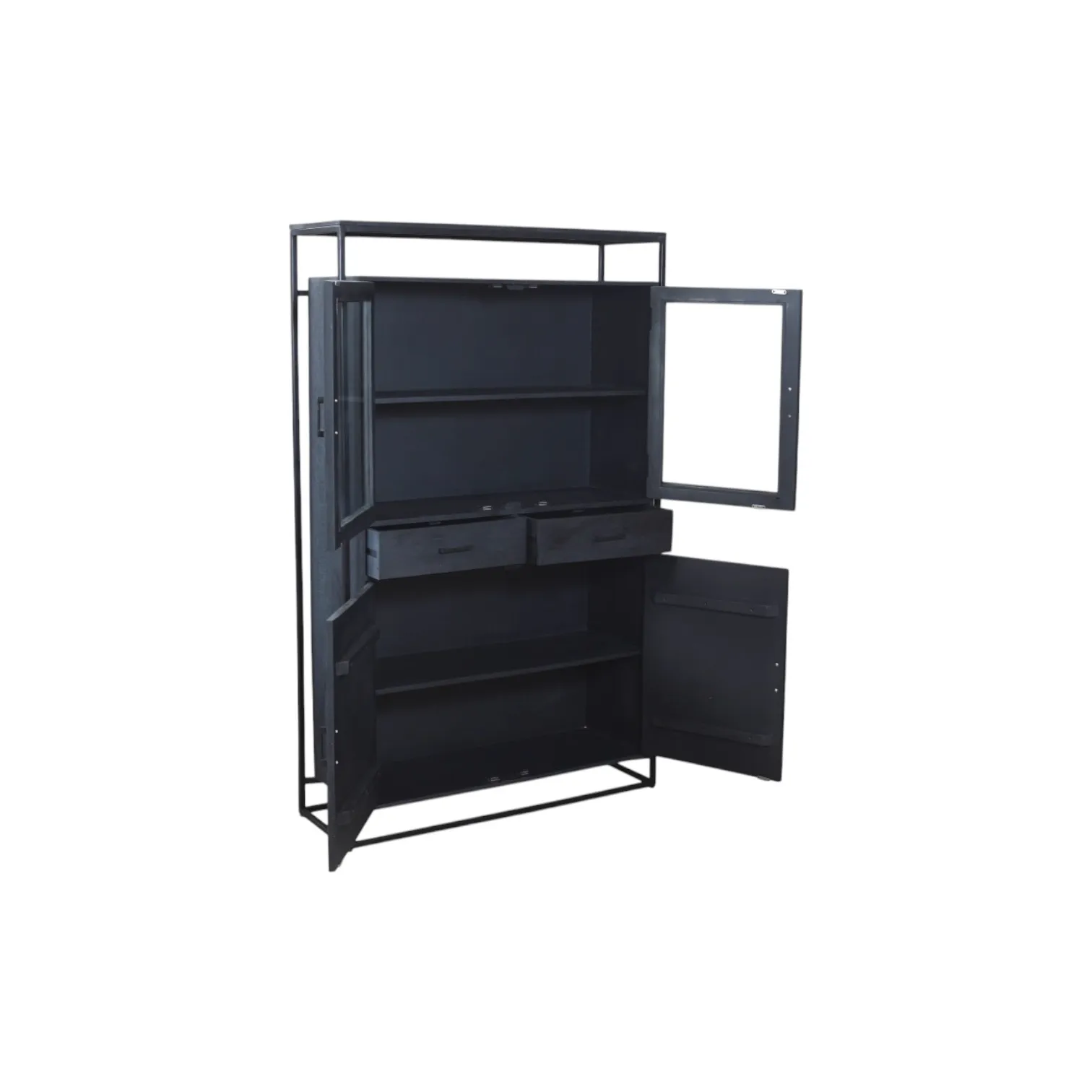 Vitrinekast Len Mangoholz Schwarz mit geöffneten Türen und Schubladen, auf weißem Hintergrund - Mokana Furniture
