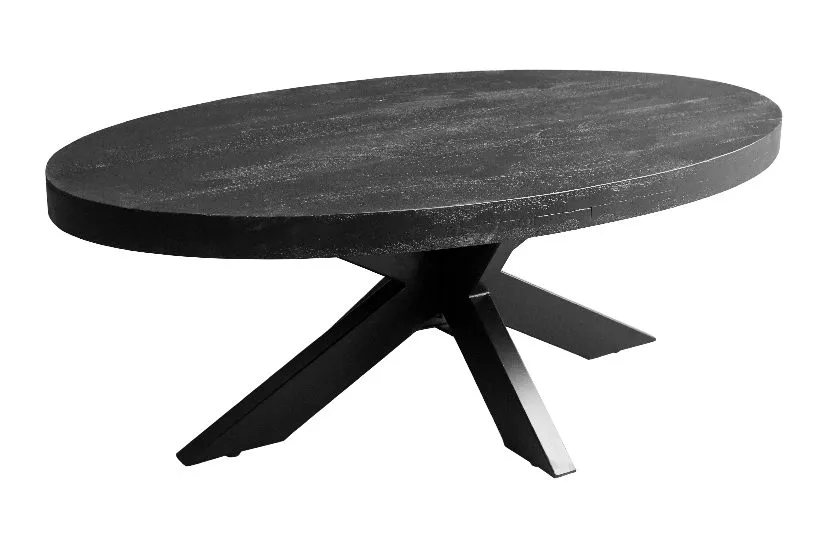 Schwarzer ovaler Couchtisch aus Mangoholz auf weißem Hintergrund, schräg von oben fotografiert - Mokana Furniture
