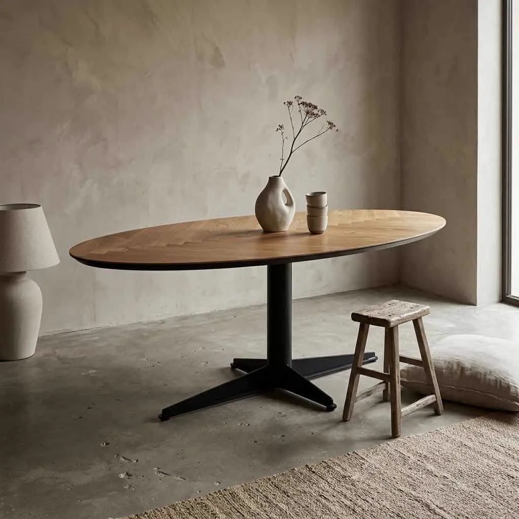 Esstisch 413-696 Eiche in einer minimalistischen Umgebung mit einer Vase und einem Hocker - Koopmans Meubelen