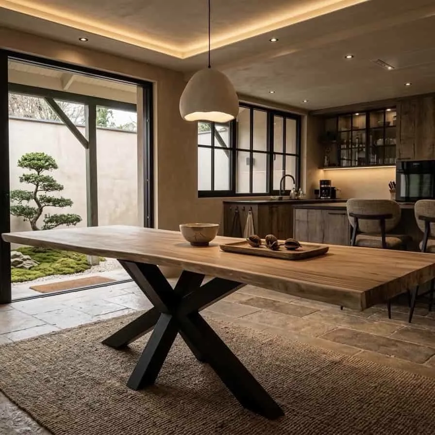 Baumstammtisch Suarholz mit Spinnenbein in einem stimmungsvollen Esszimmer mit Blick auf einen japanischen Garten - World of Brosi