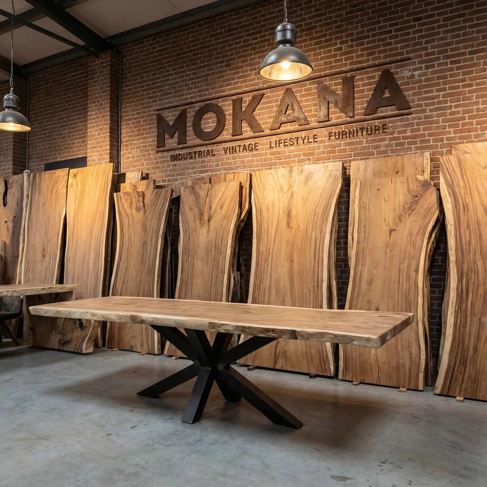 Baumstammtisch Suarholz mit Spinnenbein in einem industriellen Ausstellungsraum mit Holzbrettern im Hintergrund - World of Brosi
