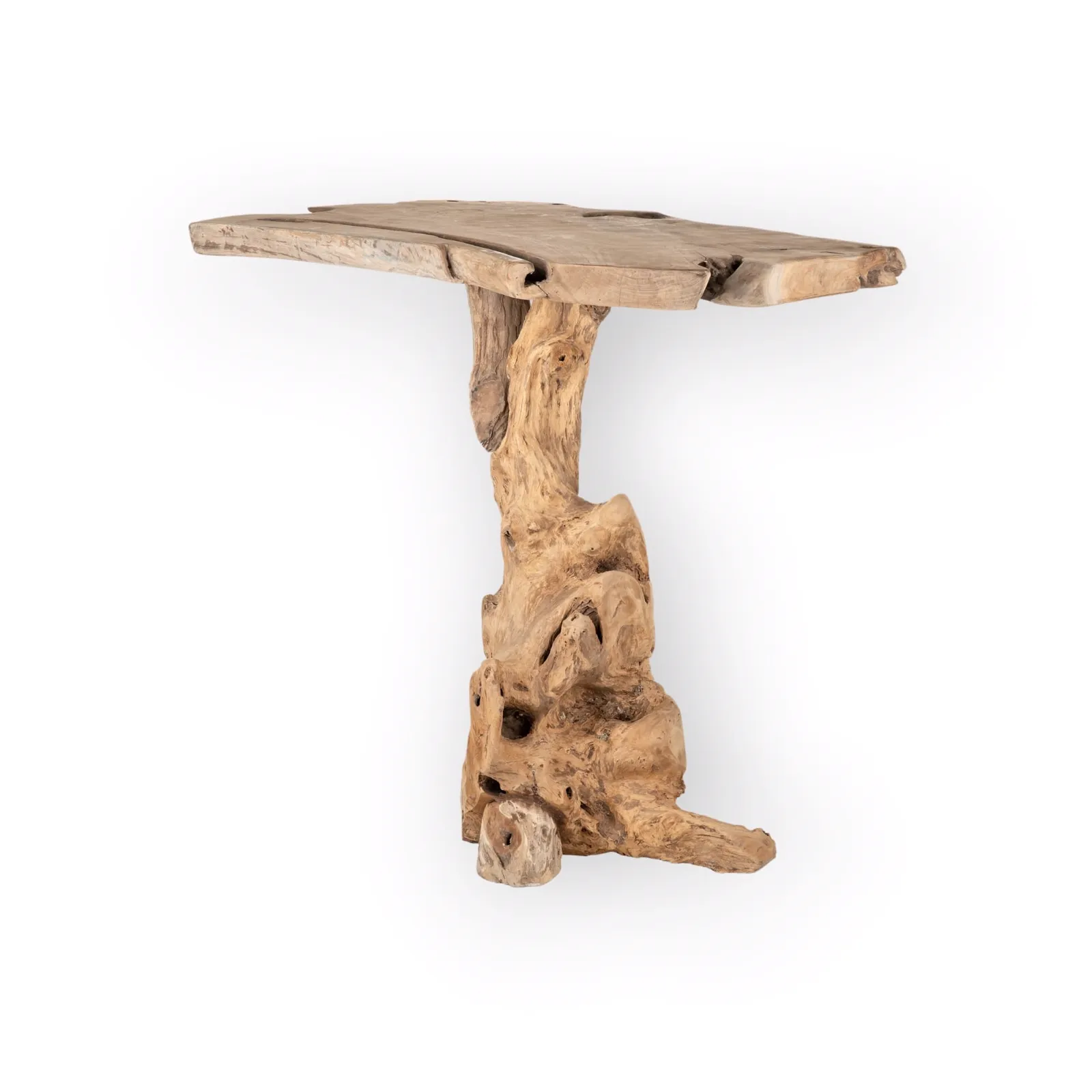 Bartisch Root einzigartig mit einem organisch geformten Holzgestell und Platte, auf weißem Hintergrund fotografiert - World of Brosi
