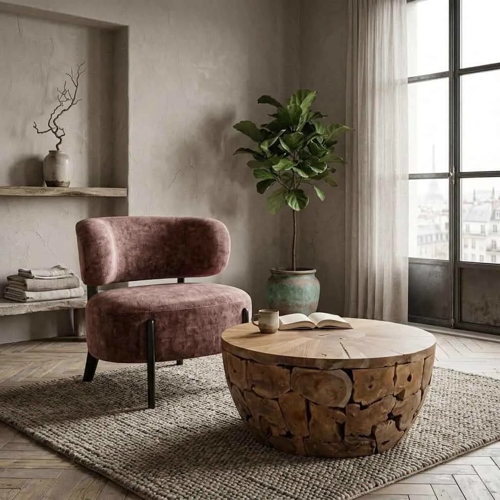 Couchtisch Mats in einem stimmungsvollen Wohnzimmer mit rosa Sessel und grüner Pflanze - World of Brosi