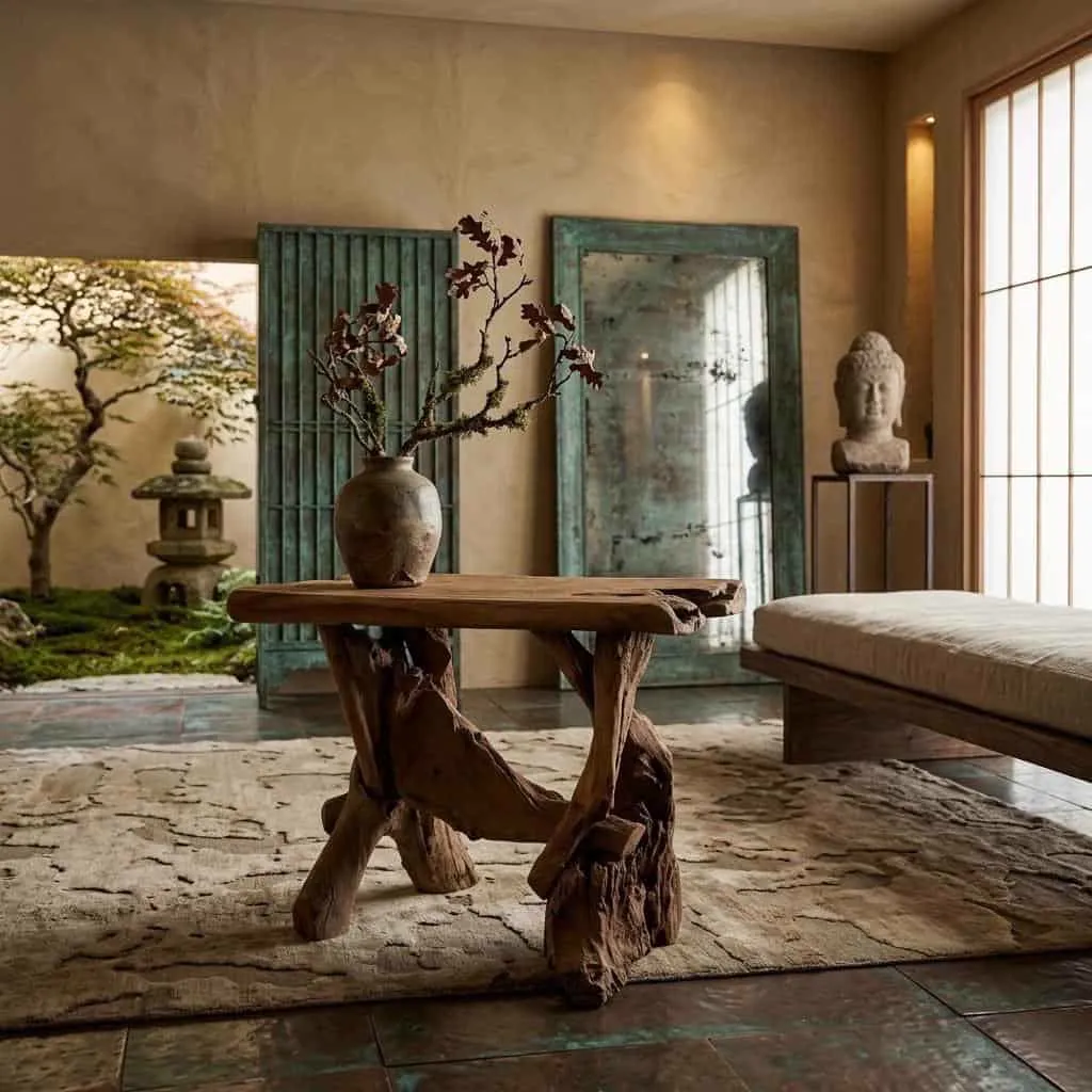 Sidetable Root wortelteak in een sfeervolle, oosterse woonkamer met een Japanse tuin op de achtergrond - World of Brosi