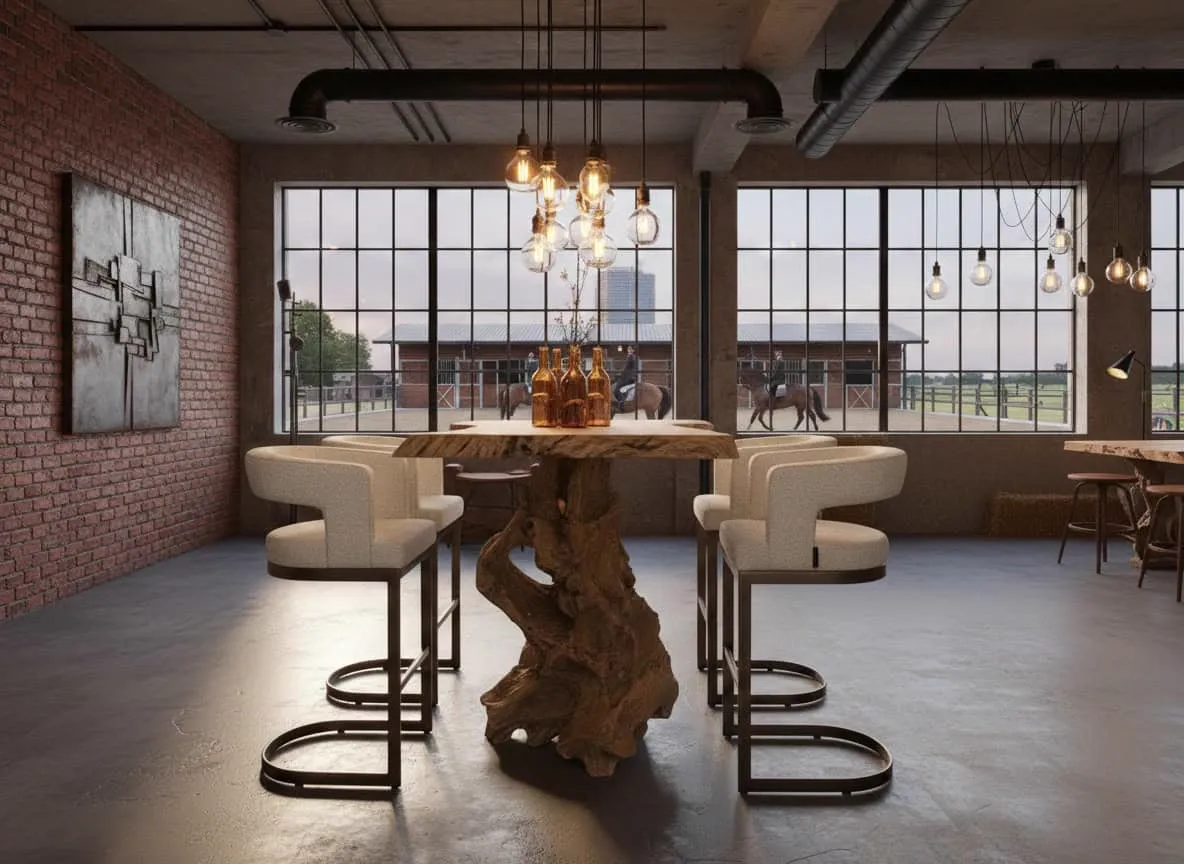 Bartisch Root einzigartig in einem industriellen Raum mit Ziegelwand und Blick auf Pferdeställe - World of Brosi