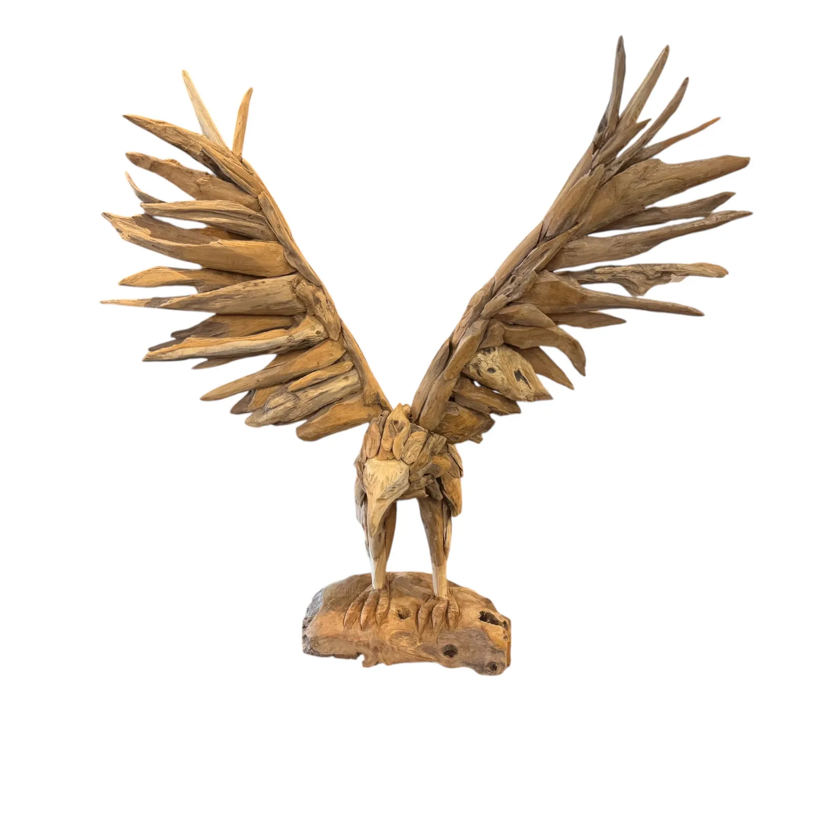 Hölzerner Adler Teakholz, eine Holzskulptur eines Adlers mit ausgebreiteten Flügeln auf weißem Hintergrund - World of Brosi