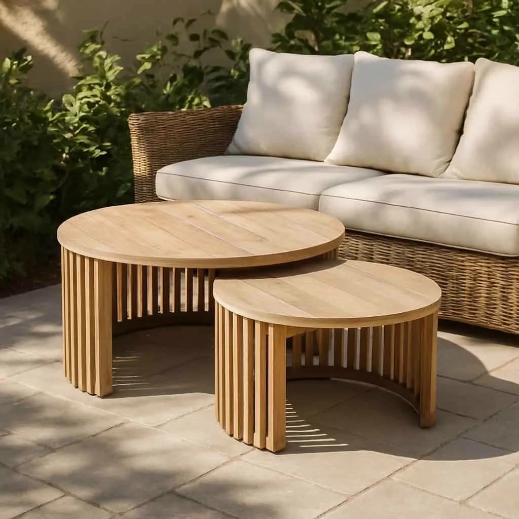 Ein Couchtisch-Set Teak Rund Outdoor mit zwei Tischen auf einer Terrasse, umgeben von Grün und einem Sofa - Benoa