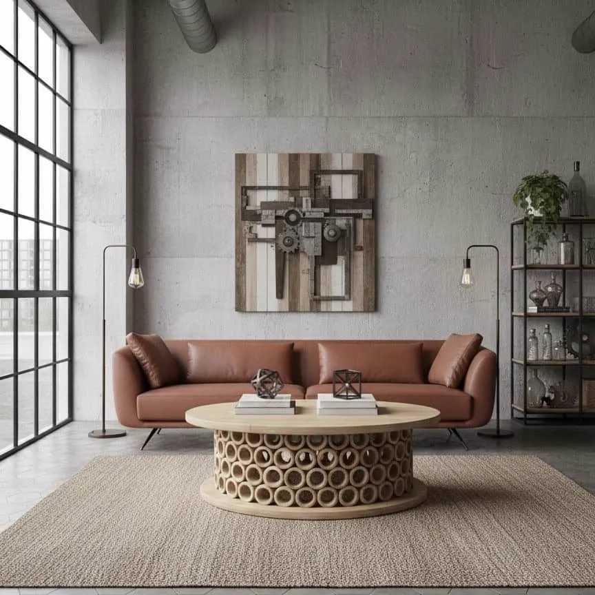 Das Sofa Magnum in einem industriellen Wohnzimmer mit Couchtisch und Teppich - Zitform