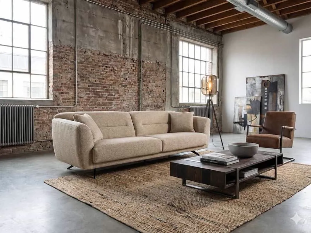 Sofa Magnum Stoff in einem industriellen Wohnzimmer mit Ziegelwand, Teppich und Couchtisch - Zitform