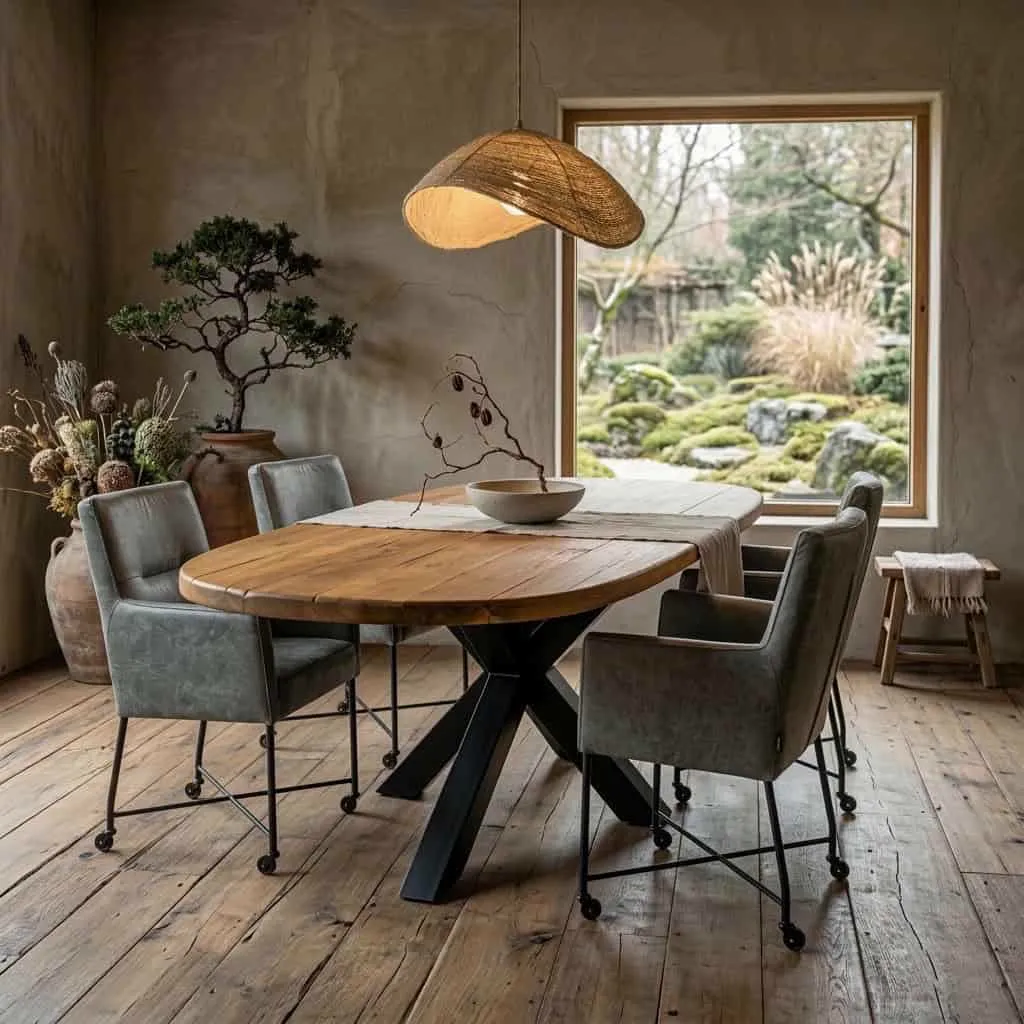 Der Esszimmerstuhl Pesara mit Rollen steht in einem ländlichen Esszimmer an einem Holztisch - Lenselink Furniture
