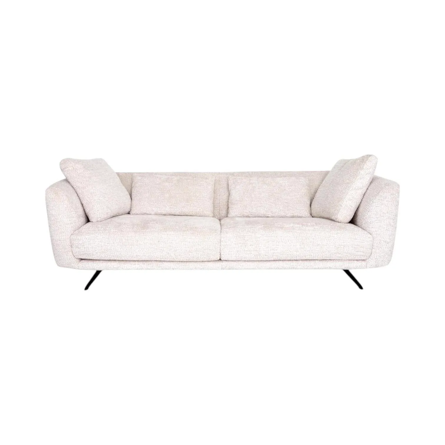 Sofa Magnum Stoff, ein beiges Sofa mit zwei Rückenkissen und schwarzen Beinen auf weißem Hintergrund - Zitform