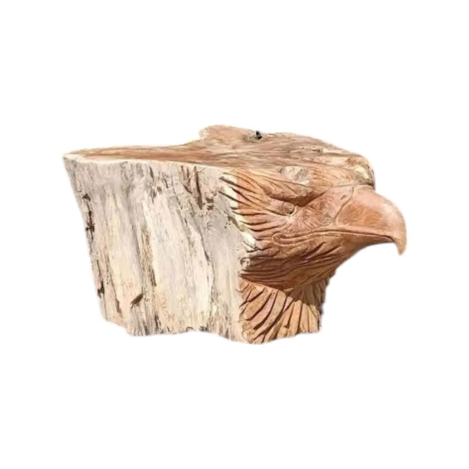 Couchtisch Eagle Teak Unique, ein Baumstamm mit geschnitztem Adlerkopf, auf weißem Hintergrund - World of Brosi