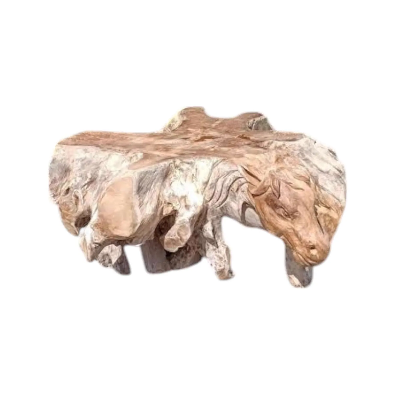 Couchtisch Horses Teak Unique, ein einzigartiger Couchtisch mit geschnitztem Pferdekopf, freistehend auf weißem Hintergrund - World of Brosi