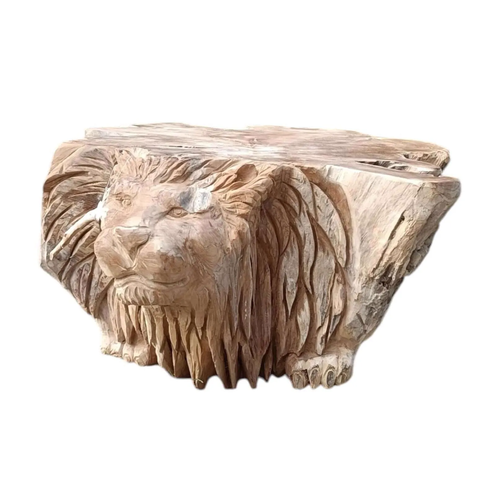 Couchtisch Lion Teak Unique, ein Holztisch mit geschnitztem Löwenkopf, auf weißem Hintergrund - World of Brosi
