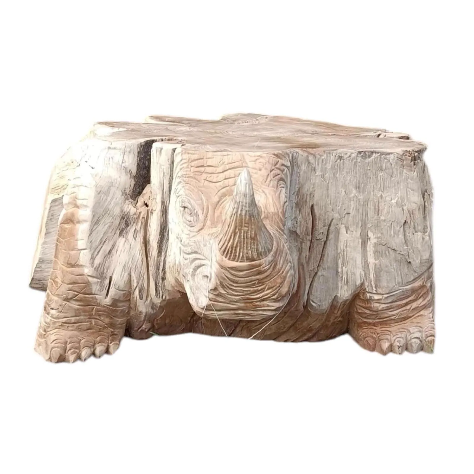 Couchtisch Rhino Teak Unique, ein einzigartiger Couchtisch mit einem geschnitzten Nashornkopf, auf weißem Hintergrund - World of Brosi