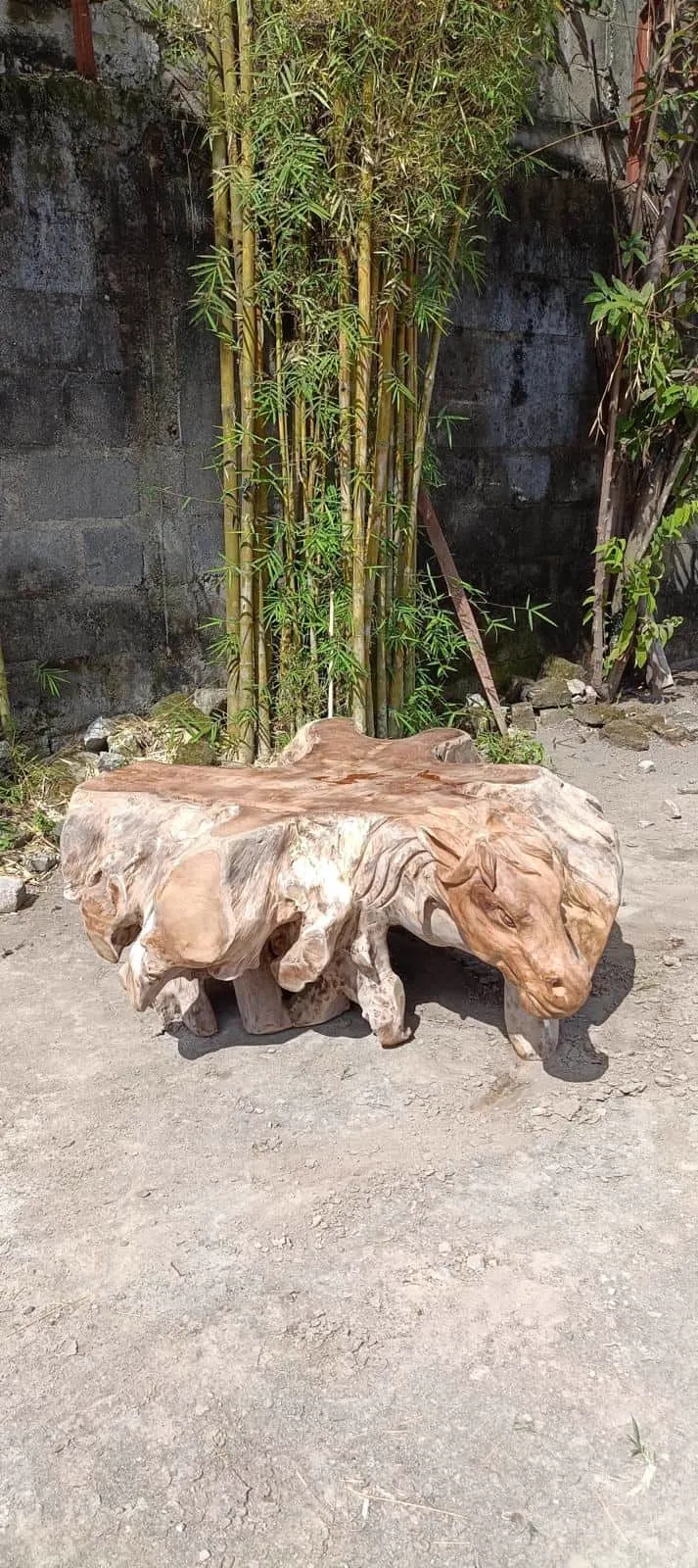 Couchtisch Horses Teak Unique, ein organisch geformter Couchtisch mit Pferdekopf, stehend auf unbefestigtem Untergrund mit Bambus im Hintergrund - World of Brosi