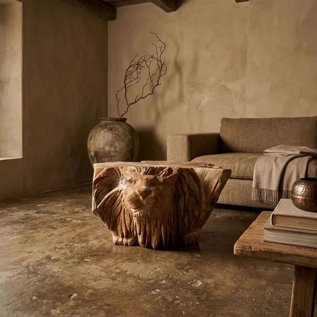 Couchtisch Lion Teak Unique in einem stimmungsvollen Wohnzimmer mit Sofa und großer Vase - World of Brosi