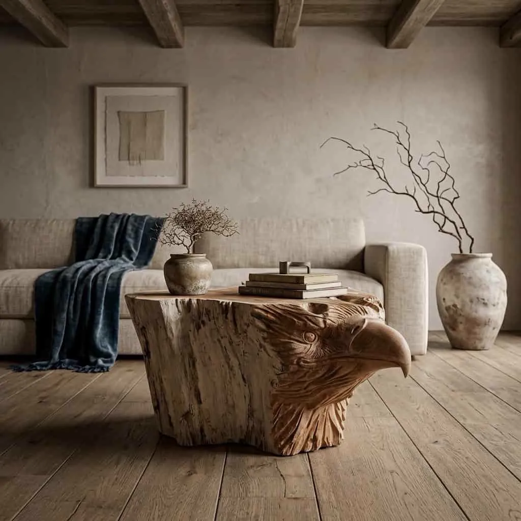 Der Couchtisch Eagle Teak Unique in einem stimmungsvollen Wohnzimmer mit Sofa und Holzboden - World of Brosi