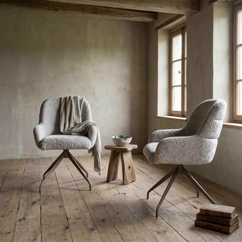 Zwei Esszimmerstühle 433 von Koopmans Meubelen in einem ländlichen Wohnzimmer mit Holzboden
