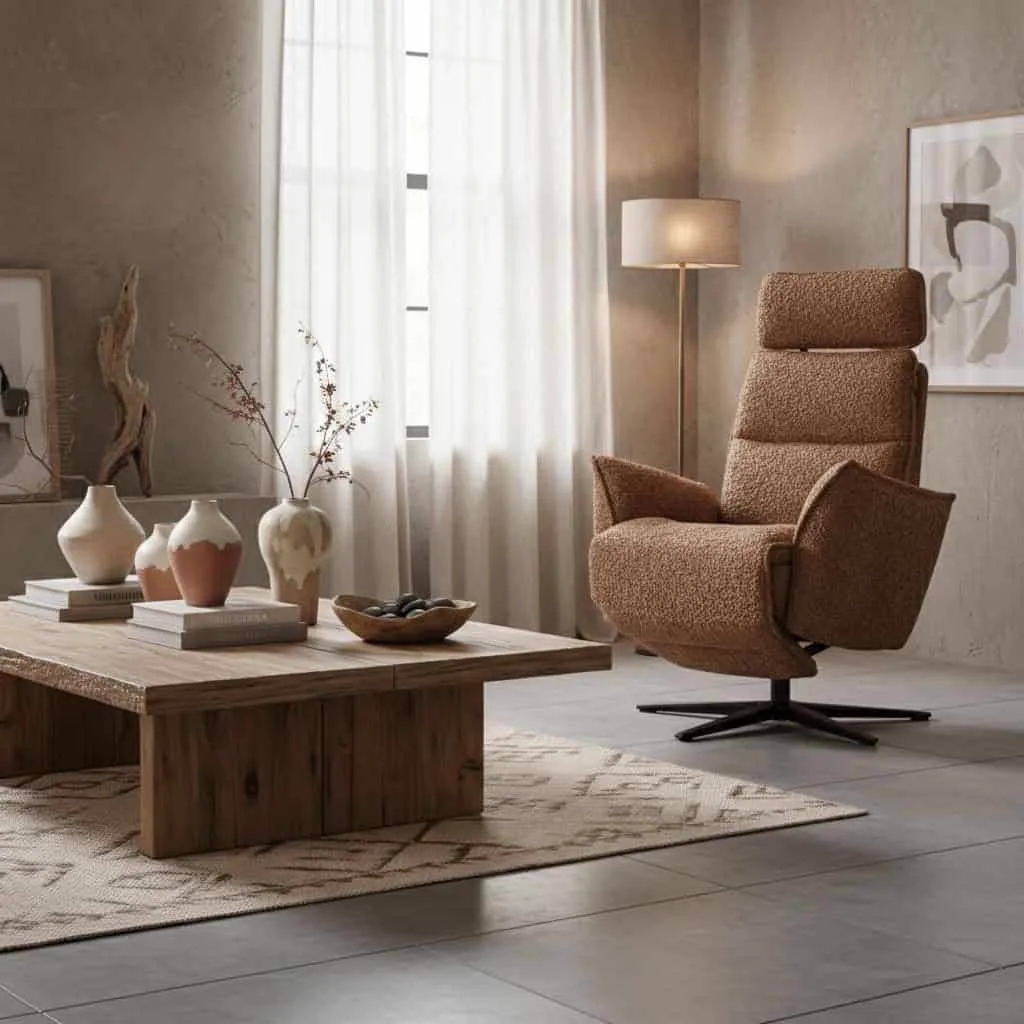 Relaxsessel LS 411 in einem stimmungsvollen Wohnzimmer mit Couchtisch, Teppich und Dekoration - Releazz
