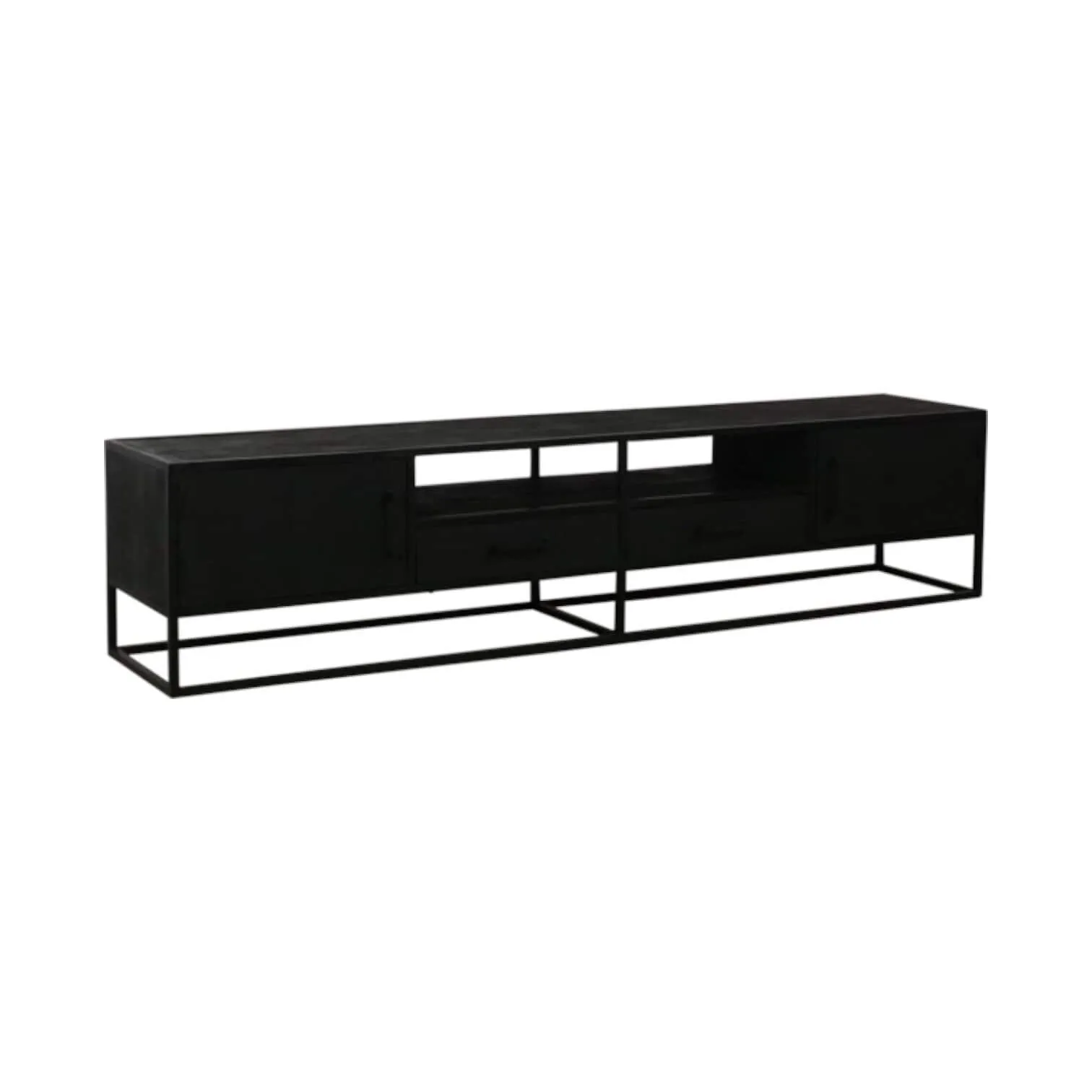Das Bob TV-Möbel 220 cm, ein schwarzes Metall-TV-Möbel mit offenen Fächern und Türen, auf weißem Hintergrund - Wildeboer & van der Weide