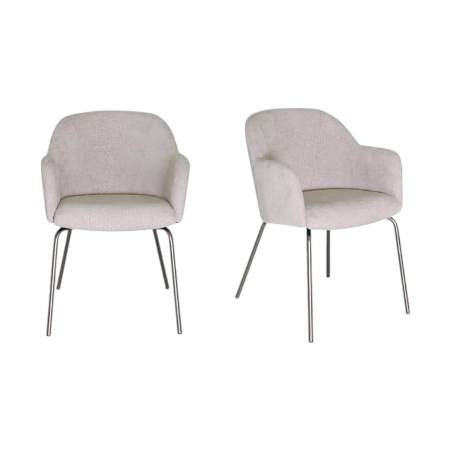 Twee eetkamerstoelen 460 met een lichtbeige stoffen bekleding en slanke metalen poten, op een witte achtergrond - Koopmans Meubelen