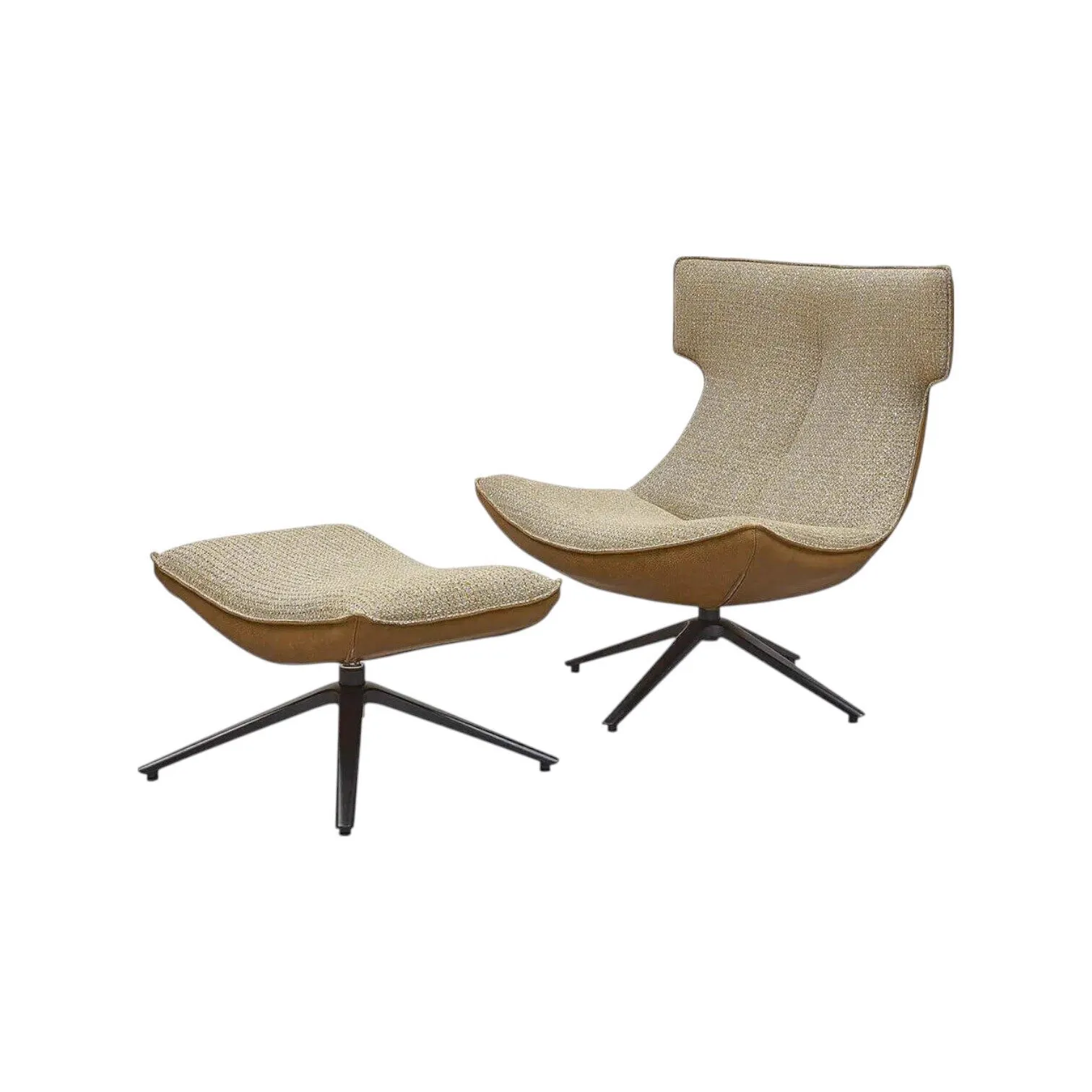 Sessel Enjoy mit passendem Hocker auf weißem Hintergrund, aus einer niedrigen Perspektive fotografiert - Class Design