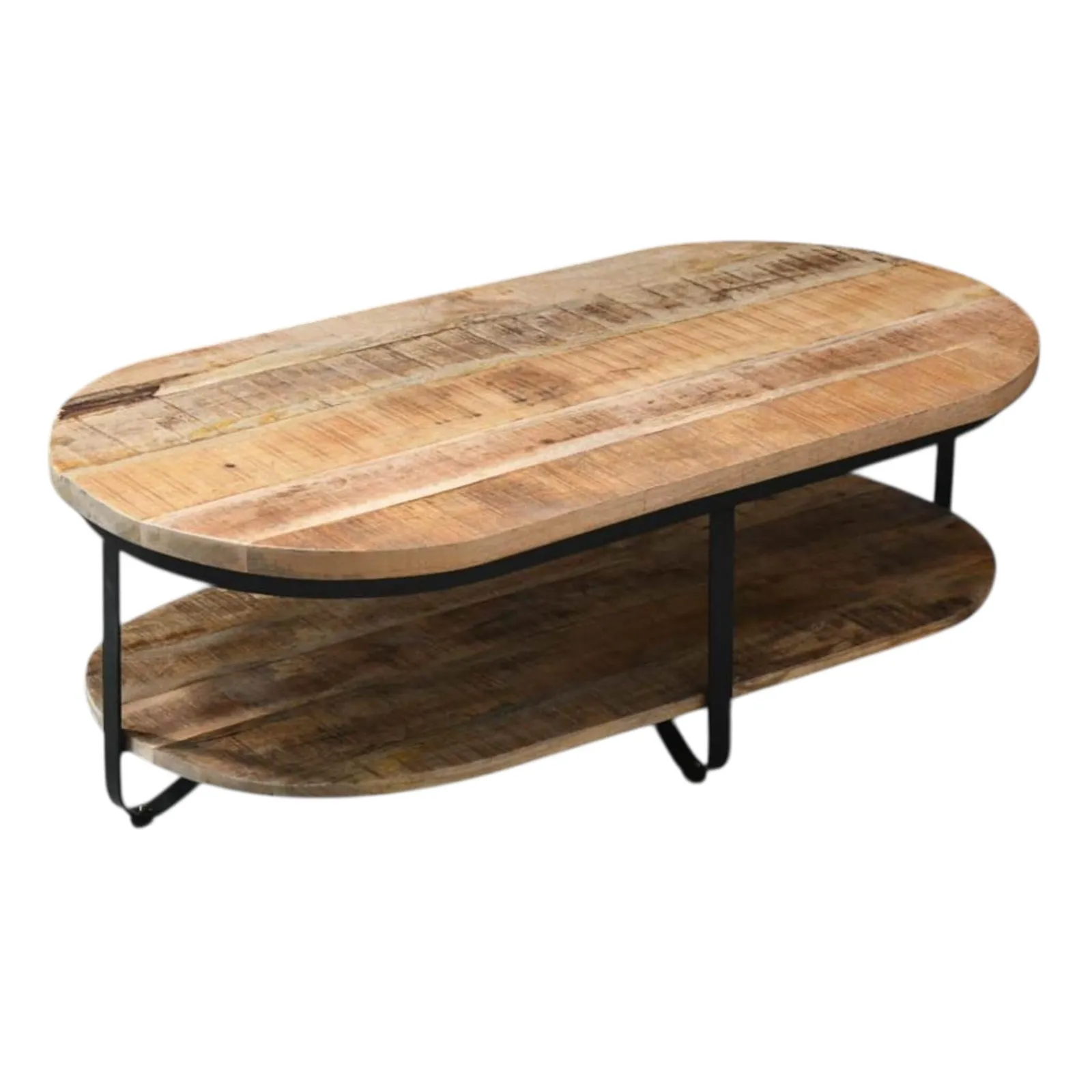 Couchtisch Rio oval mit Ablageboden auf weißem Hintergrund, schräg von oben fotografiert - Mokana Furniture