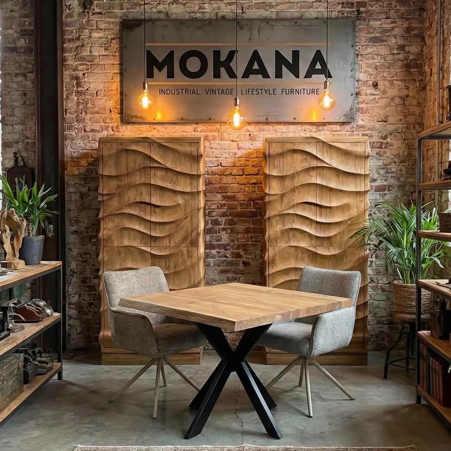 Baumstamm-Esstisch Nando in einem industriellen Wohnzimmer mit Ziegelwand und Holzschränken - Mokana Furniture