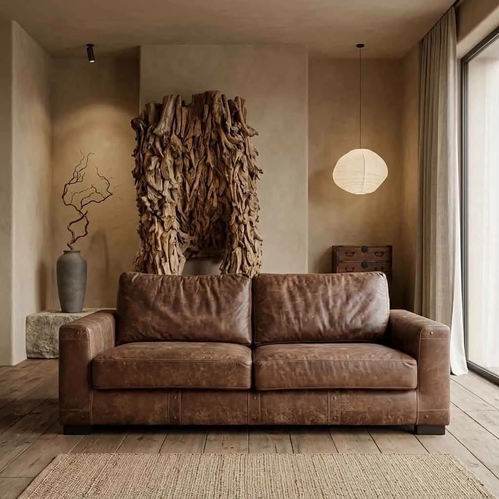 Sofa Duo Africa Leder 3-Sitzer in einem stimmungsvollen Wohnzimmer mit Holzboden und einem großen Kunstwerk - Het Anker