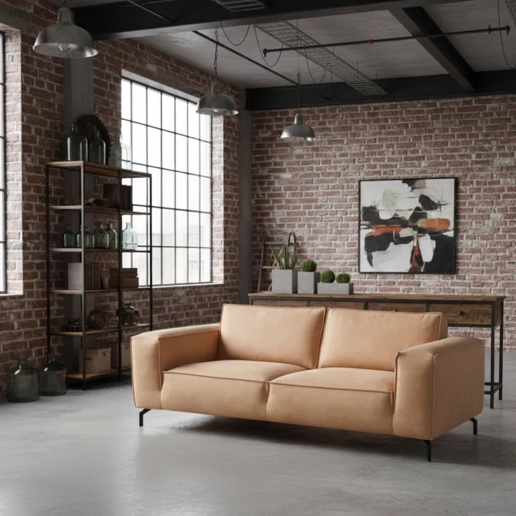 Das 4er Sofa Jules cognac steht in einem industriellen Wohnzimmer mit Ziegelwänden und großen Fenstern - Easy Sofa