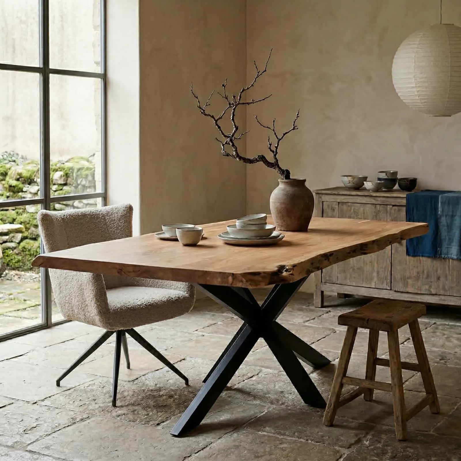 Baumstamm-Esstisch Nando in einem stimmungsvollen Esszimmer mit Stuhl, Hocker und Dekoration - Mokana Furniture