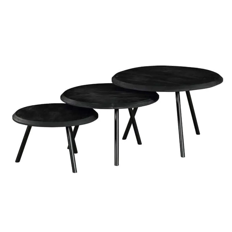 Set aus drei schwarzen Couchtisch Ohio Black, von groß nach klein aufgereiht vor weißem Hintergrund - Starfurn