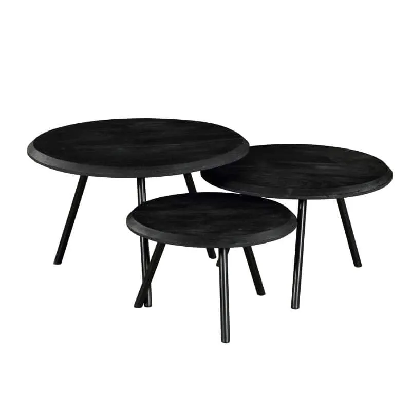 Set aus 3 schwarzen Couchtisch Ohio Black Tischen mit runden Platten und schlanken Beinen auf weißem Hintergrund - Starfurn