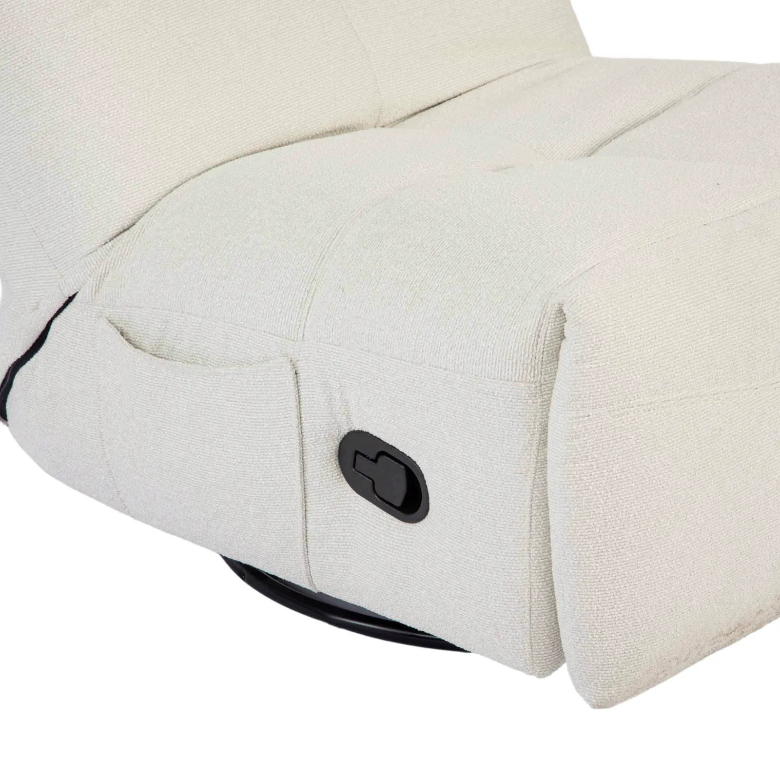 Nahaufnahme des Relaxsessel Lazy in Off White, mit dem schwarzen Griff für die Relaxfunktion an der Seite - Starfurn