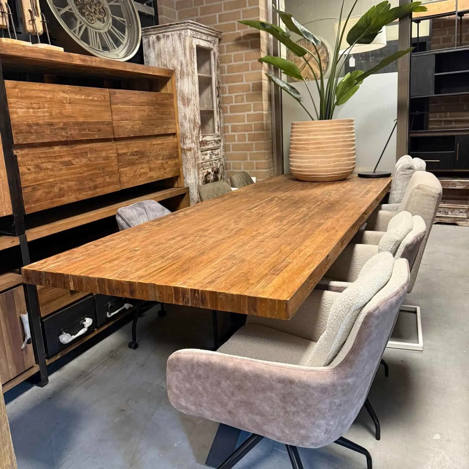 Der Donny Teakholz-Esstisch Massiv 280 cm in einer stimmungsvollen Showroom-Umgebung mit Stühlen und Pflanze - World of Brosi