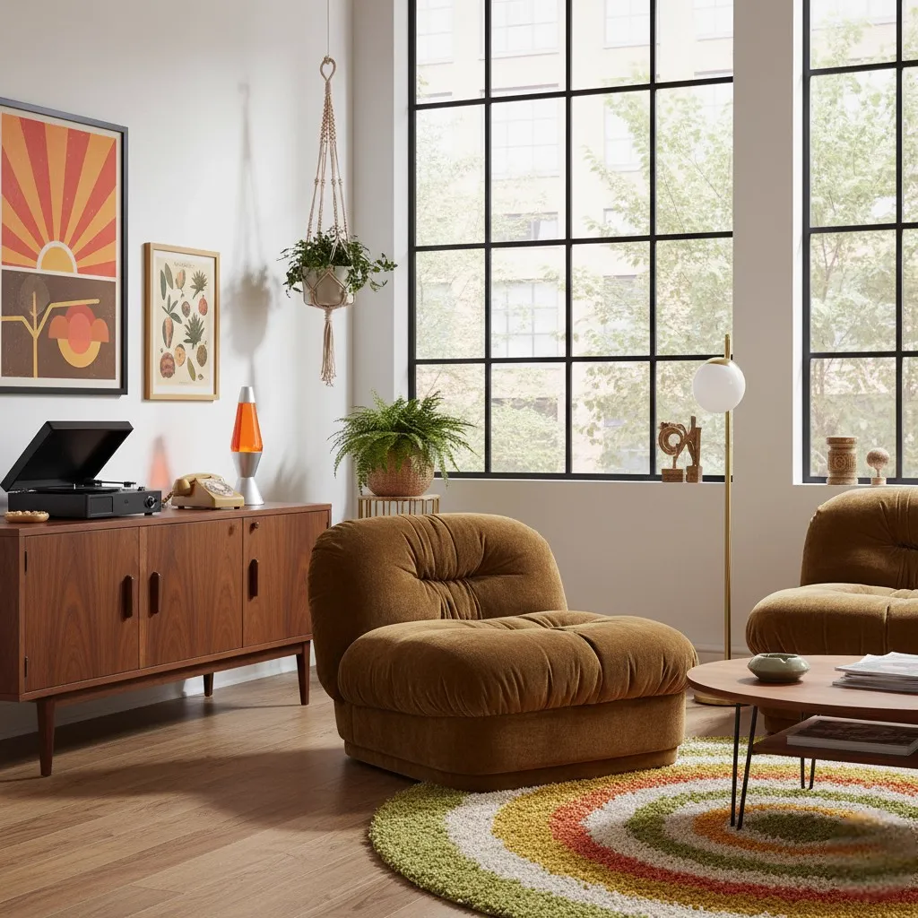 Der Lounge Chair Nook - Senf in einem Wohnzimmer mit einem Plattenspieler und einer Lavalampe - By-Boo
