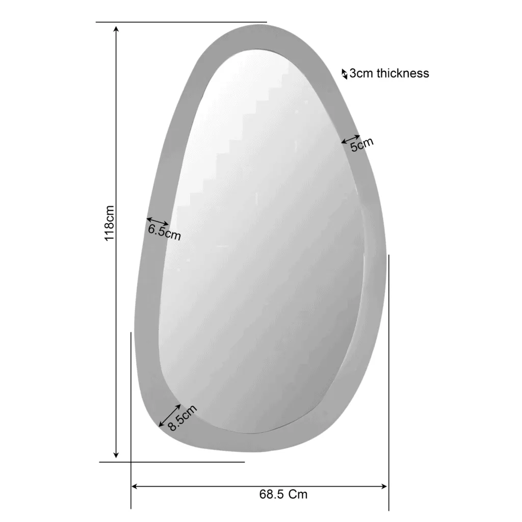 Spiegel Lou mit unregelmäßiger Form, abgebildet mit Maßen von 118 cm Höhe und 68,5 cm Breite - Starfurn
