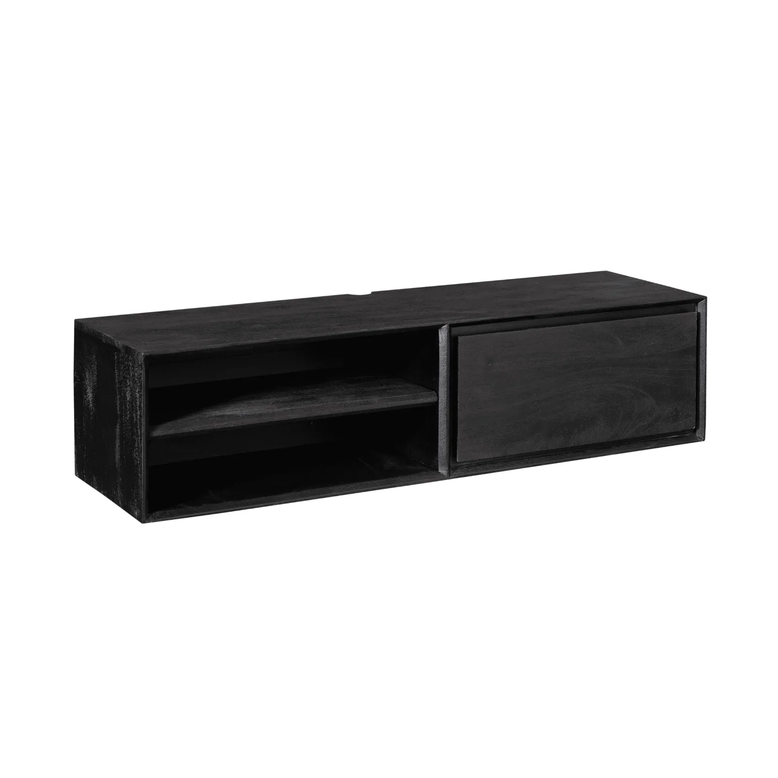Schwebendes TV-Möbel Ambiance Black, 120 cm, auf weißem Hintergrund, aus schräger Perspektive - Starfurn