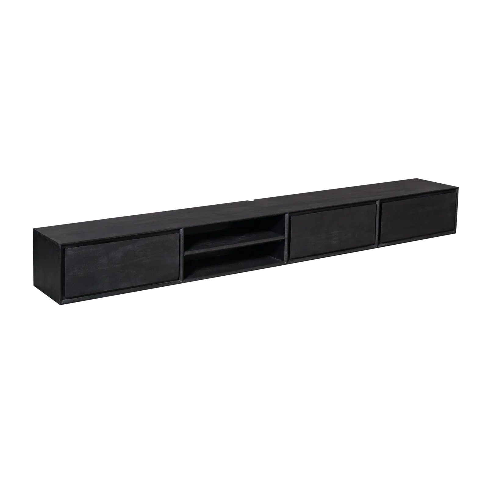 Schwebendes TV-Möbel Ambiance Black, 240 cm, auf weißem Hintergrund, schräg von vorne fotografiert - Starfurn
