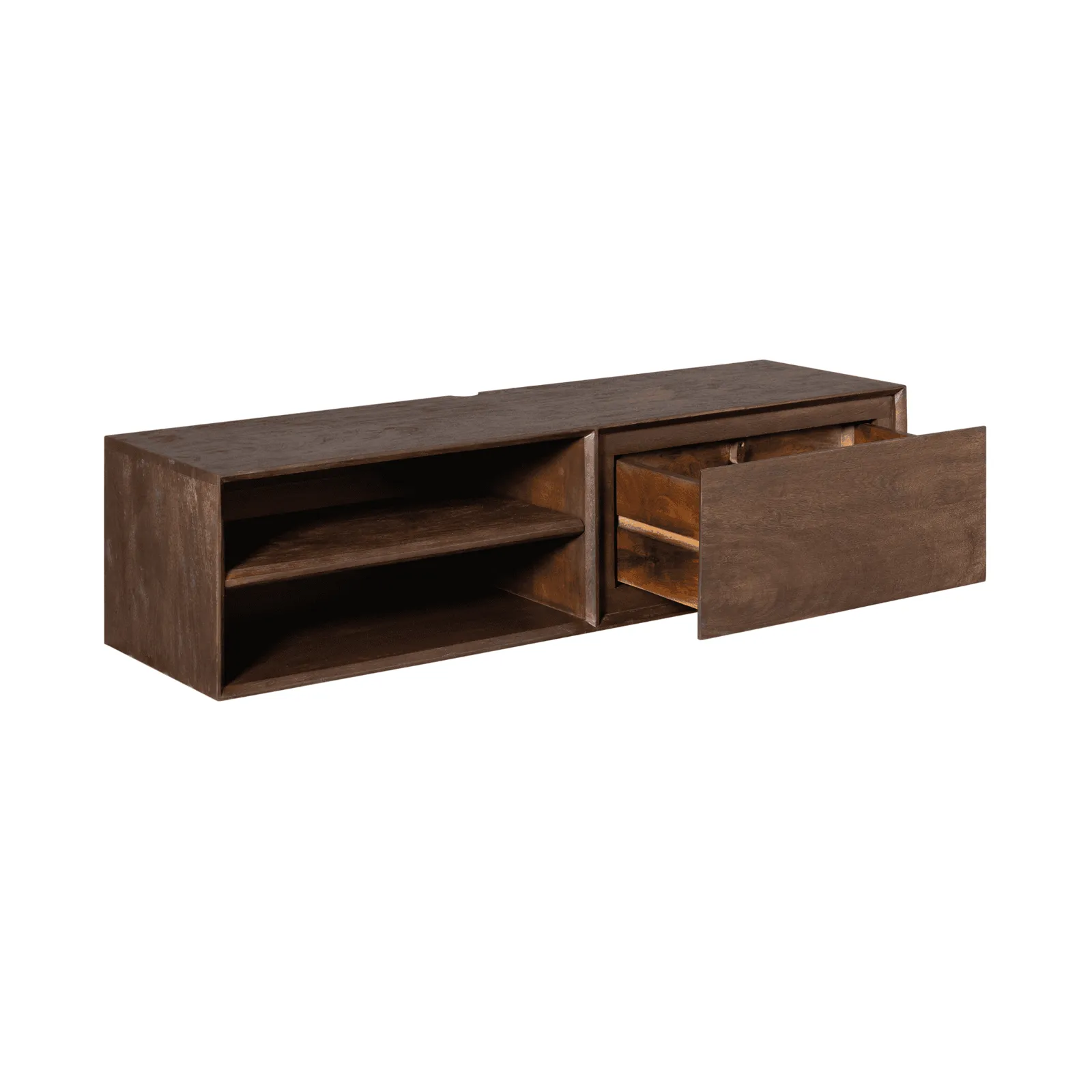 Schwebendes TV-Möbel Ambiance Brown 120 cm auf weißem Hintergrund, mit einer geöffneten Schublade - Starfurn