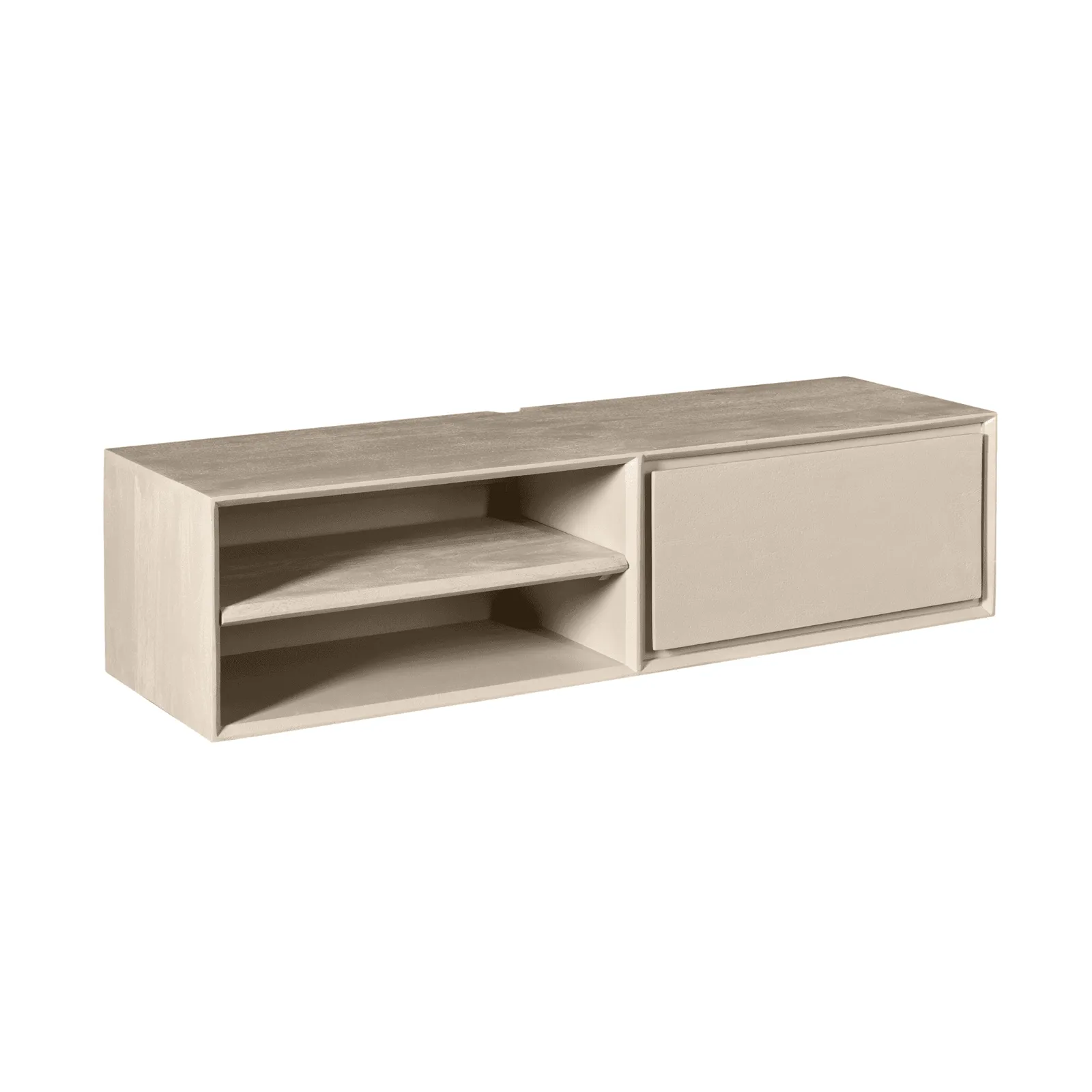 Schwebendes TV-Möbel Ambiance Sand 120 cm auf weißem Hintergrund, schräg von vorne fotografiert - Starfurn