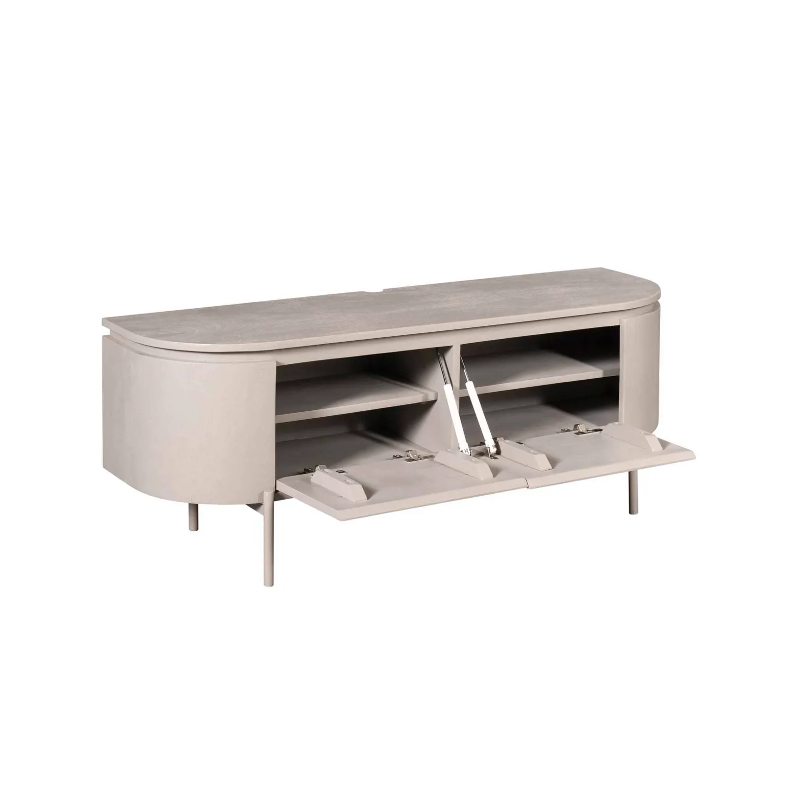 TV-Möbel Excellent Taupe, 120 cm, mit offenen Klappen und Regalböden, auf weißem Hintergrund - Starfurn
