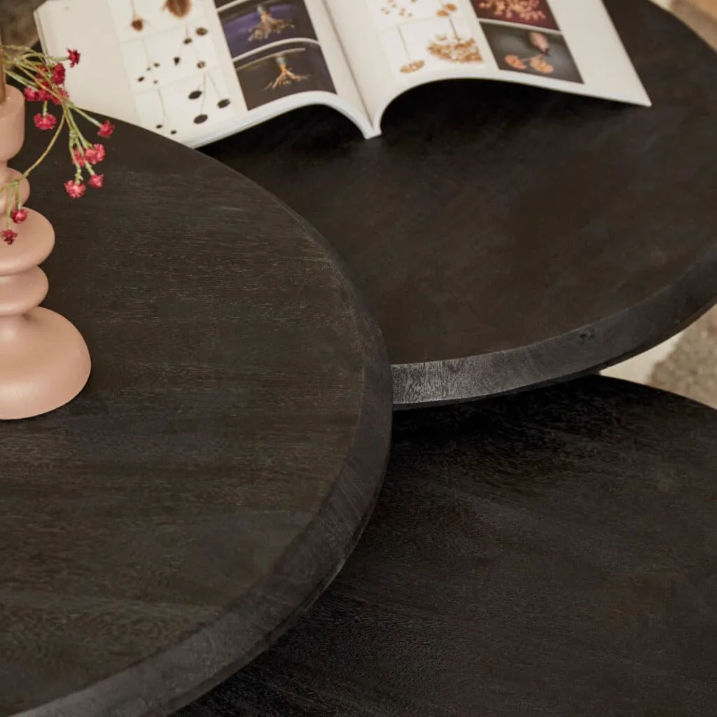 Detailaufnahme des Couchtisch Ohio Black Set aus 3 Teilen, mit einem offenen Buch und rosa Vase mit Blumen - Starfurn